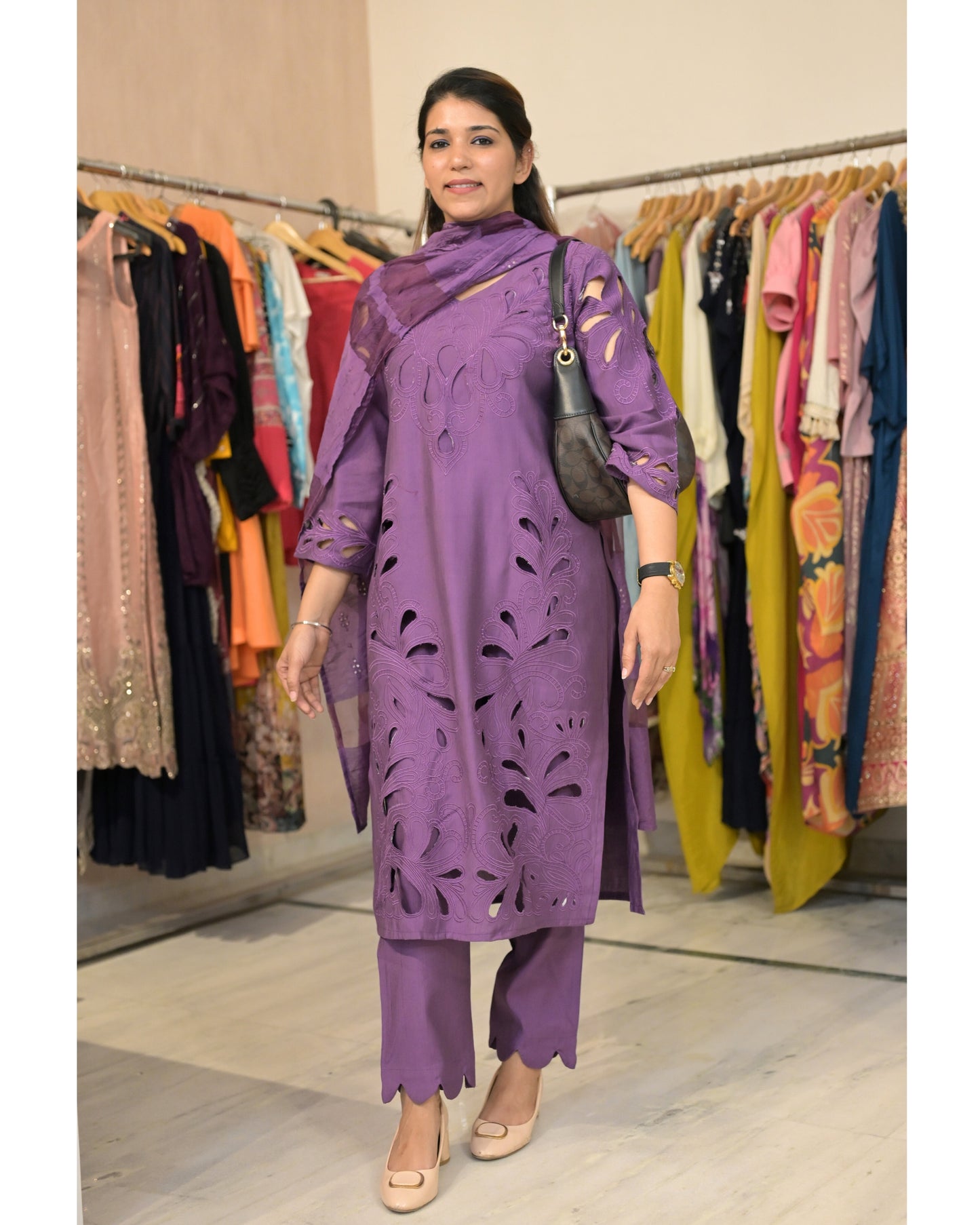Stiched Purple cutwork three piece set