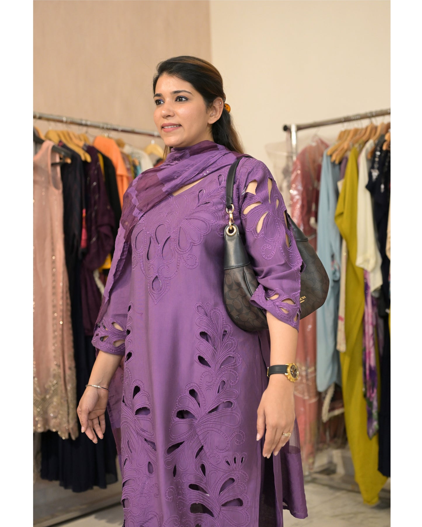 Stiched Purple cutwork three piece set