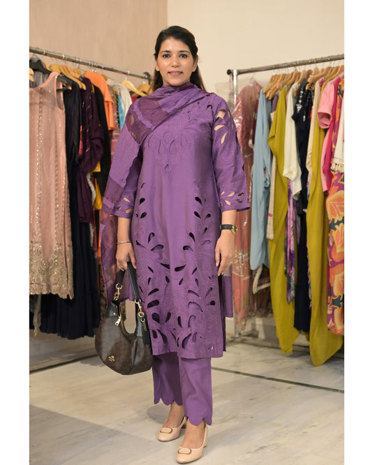 Stiched Purple cutwork three piece set